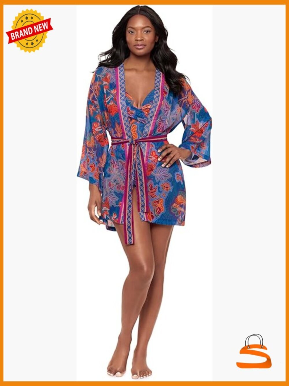 Women's Sheer Georgette Kimono Swimsuit Cover Up Belted Midi